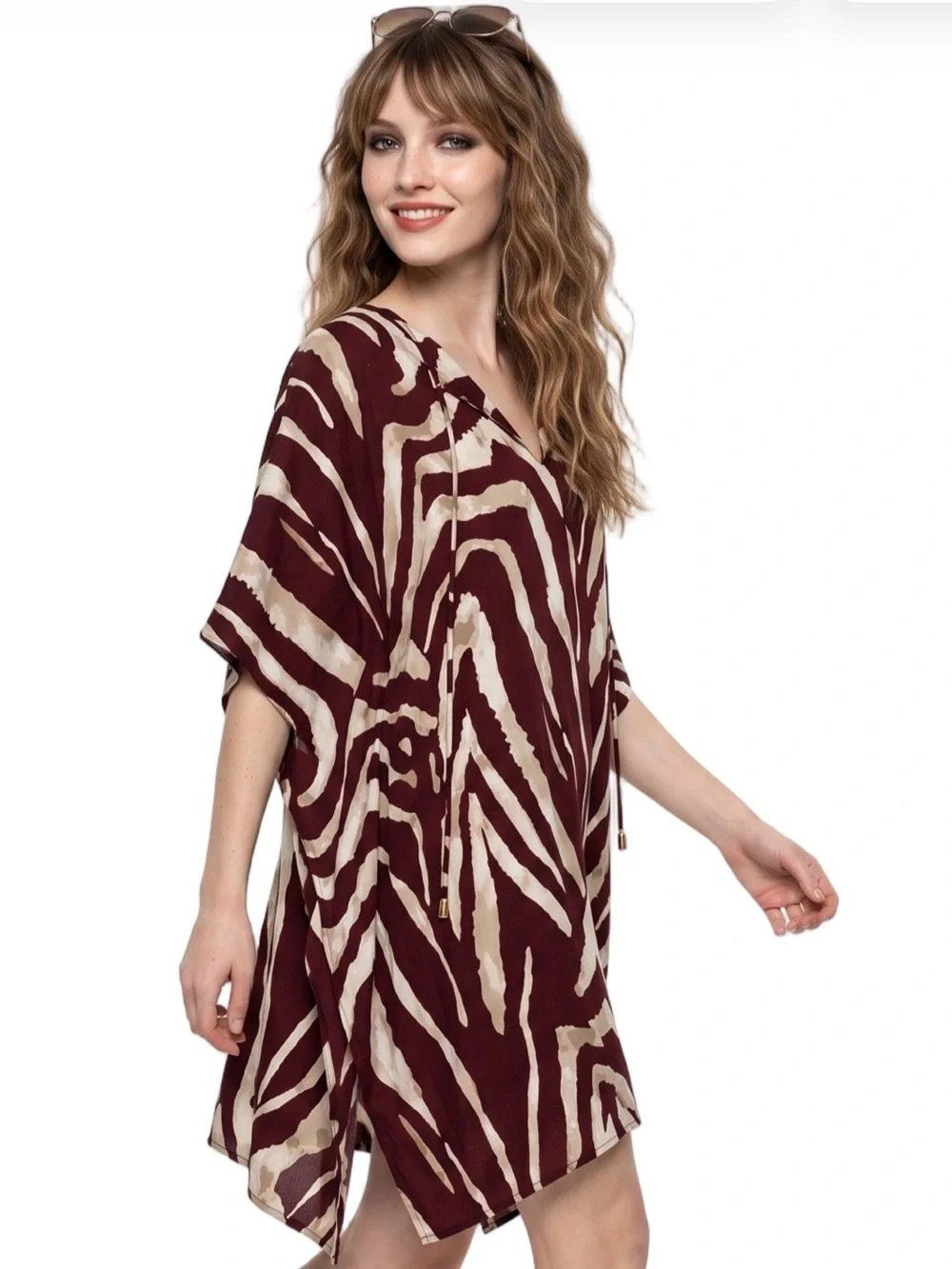 SOHO Brown Cream Zebra Print Kaftan mini dress V neck Short sleeve Resortwear LG - Picture 1 of 9